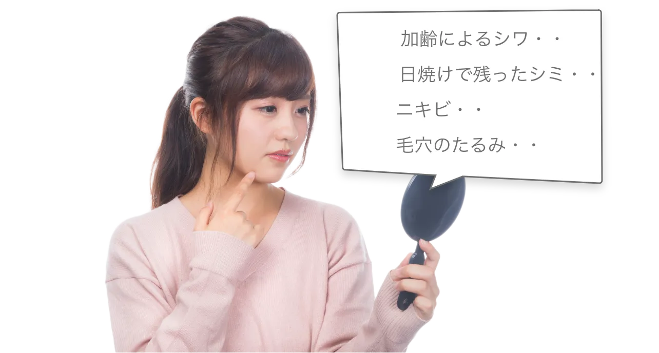 加齢によるシワ、日焼けで残ったシミ、ニキビ、毛穴のたるみ